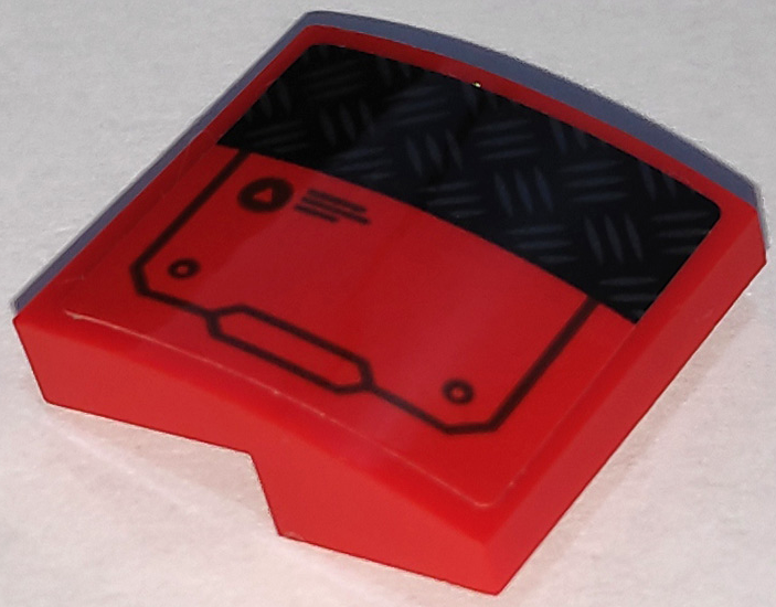Lego Slope, Curved 2 x 2 x 2/3 with Black Hatch with Rivets and Tread Plate Pattern Model Left Side (Sticker) - Set 70675 / Red