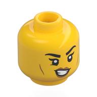 Lego Minifig Head, Black Eyebrows, Eyelashes, Peach Lips, Cheek Lines, Crooked Smile, Teeth / Open Mouth Scared / Yellow