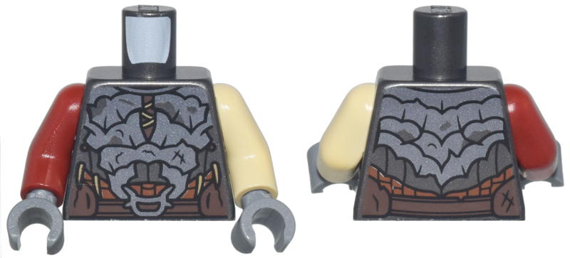 Lego Torso Dark Silver Crude Plate Mail Armor, Dark Tan Laces and Spikes, Dark Brown and Reddish Brown Belts Pattern / Tan Arm Left / Dark Red Arm Right / Dark Bluish Gray Hands