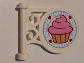 Lego Road Sign Round on Pole with Flat Top Attachment with Bright Pink Frosted Cupcake, 4 Hearts, Bright Light Blue Scroll Pattern on Both Sides (Stickers) - Set 41119 / White