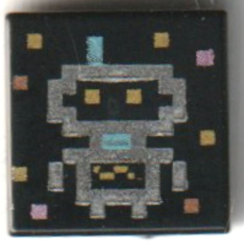 Lego Tile 1 x 1 with Pixelated Silver Robot, Gold Stars Print / Black