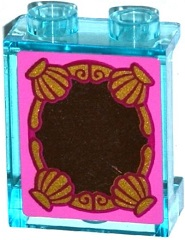 Lego Panel 1 x 2 x 2 with Side Supports - Hollow Studs with Mirror with Gold Frame with Shells on Dark Pink Background Pattern (Sticker) - Set 41063 / Trans-Light Blue