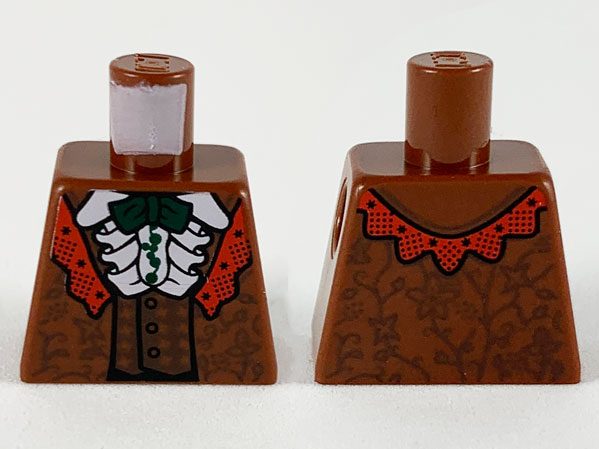 Lego Torso Robe and Vest with Red Lapel, White Ruffled Shirt and Dark Green Bow Tie Pattern / Reddish Brown