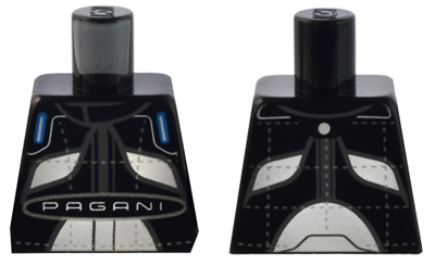 Lego Torso Racing Suit with Dark Bluish Gray Trim, White Panels and 'PAGANI' and Silver Stitching Pattern / Black