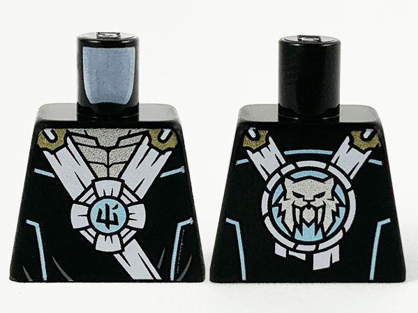 Lego Torso Tunic with White Hems, Silver Neck and Ninjago Logogram 'Ice' in Metallic Light Blue Circle Pattern / Black