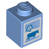 Lego Brick 1 x 1 with Milk Carton, Cow, Print / Medium Blue