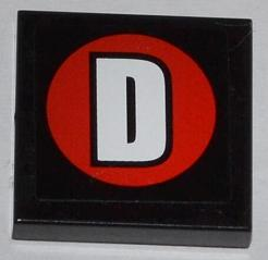 Lego Tile 2 x 2 with White Capital Letter D on Red Circle Pattern (Sticker) - Set 76005 / Black