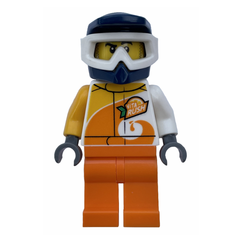 Lego Racer, White and Orange Jumpsuit with 'VITA RUSH', Blue Helmet with Goggles, Stubble