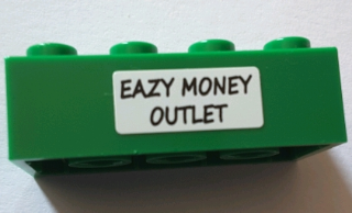 Lego Brick 2 x 4 with 'EAZY MONEY OUTLET' on White Background Pattern (Sticker) - Set 71016 / Green