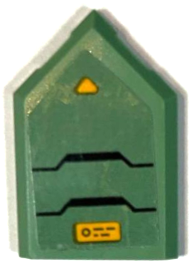 Lego Tile, Modified 2 x 3 Pentagonal with Armor Plates with Black Outlines, Bright Light Orange Triangle and Rectangle with Lines Pattern Model Right Side (Sticker) - Set 71750 / Sand Green