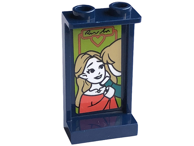 Lego Panel 1 x 2 x 3 with Side Supports - Hollow Studs with Woman with Tan Hair, Coral Dress, Pointed Ears, Heart and Signature Pattern (Sticker) - Set 41755 / Dark Blue