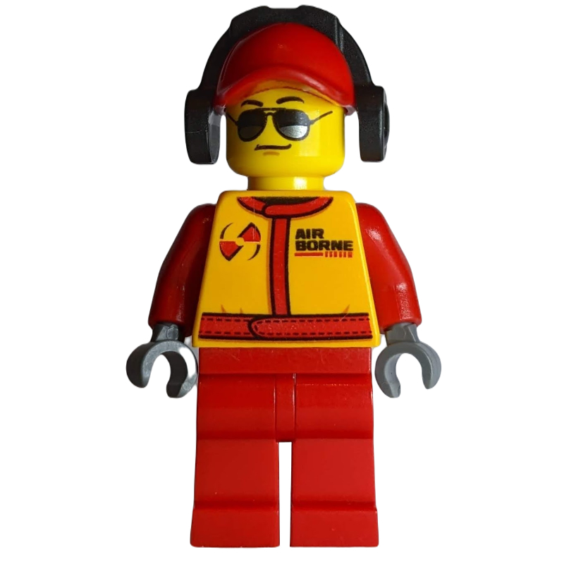Lego Racer, Red and Orange Jumpsuit, Red Cap with Ear Defenders, Sunglasses