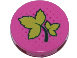 Lego Tile, Round 2 x 2 with Bottom Stud Holder with Ivy Leaves and Dark Pink Dots Pattern / Dark Pink