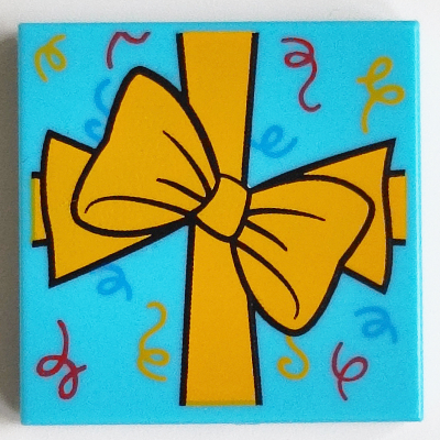 Lego Tile 2 x 2 with Bright Light Orange Present Bow Print / Medium Azure