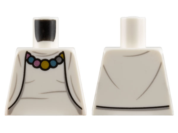 Lego Torso Female Cardigan Sweater over Shirt, Necklace with Dark Silver, Gold, Metallic Light Blue, and Metallic Pink Beads Pattern / White