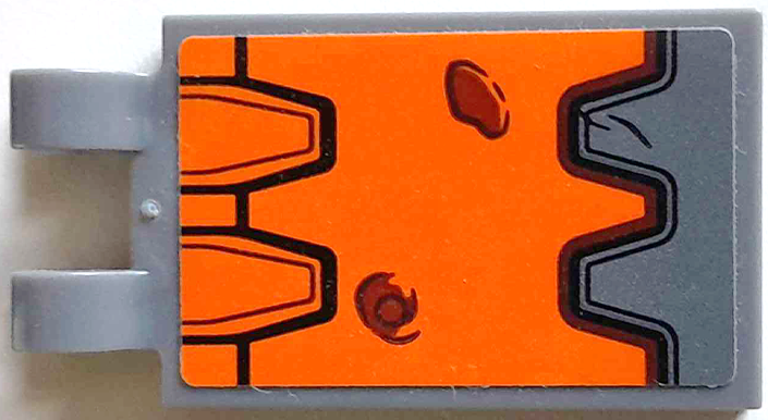 Lego Tile, Modified 2 x 3 with 2 Open O Clips with Orange and Dark Bluish Gray Panels, Black Lines and Reddish Brown Bullet Holes Pattern (Sticker) - Set 75987