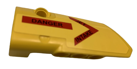 Lego Technic, Panel Fairing # 3 Small Smooth Long, Side A with 'JET INTAKE' and 'DANGER' on Red Stripes Pattern (Sticker) - Set 9396 / Yellow