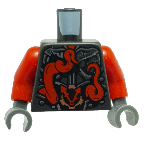Lego Torso Armor, Metallic Silver with Clock and Large Red Snake with White Fangs on Back Print, Red Arms, Dark Bluish Gray Hands / Pearl Titanium