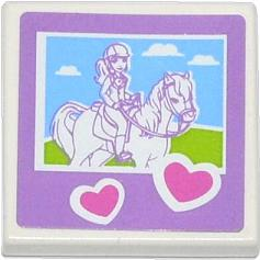 Lego Tile 2 x 2 with Hearts and Friends Horse and Rider Pattern (Sticker) - Set 3185 / White