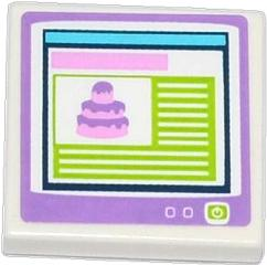 Lego Tile 2 x 2 with Cake on Computer Screen Pattern (Sticker) - Set 41056 / White