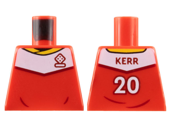 Lego Torso Soccer Uniform, Yellow Collar, White Shoulder Panel, Dark Red Dice Logo, 'KERR 20' on Back Pattern / Red