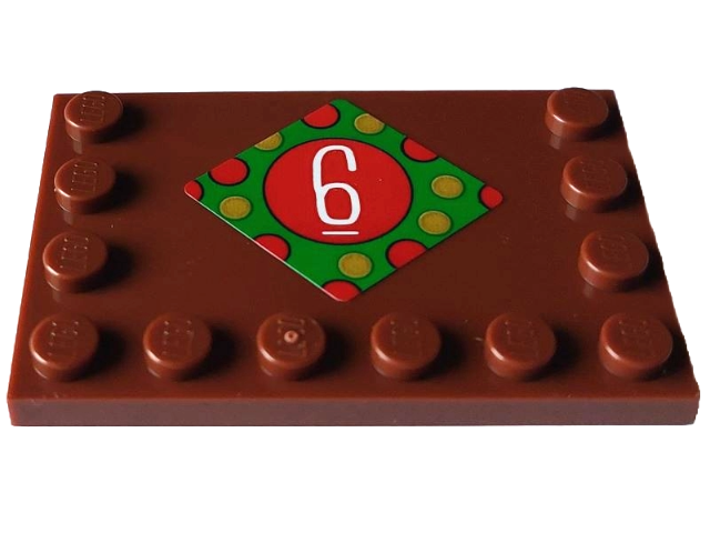 Lego Tile, Modified 4 x 6 with Studs on Edges with White Number 6 in Circle and Red and Gold Dots on Green Diamond Pattern (Sticker) - Set 4002023