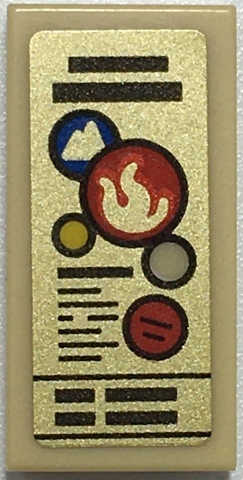 Lego Tile 1 x 2 with Black Lines, Volcano and Fire Symbols in Circles on Gold Background Pattern (Sticker) - Set 70657