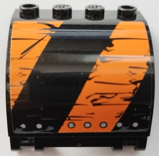 Lego Panel 3 x 4 x 3 Curved with Double Clip Hinge with Worn Black and Orange Stripes, Silver Rivets Pattern Model Right Side (Sticker) - Set 70654