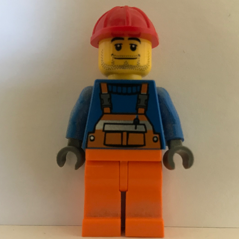 Lego Construction Worker, Orange Overalls over Blue Sweater, Red Hard Hat, Stubble