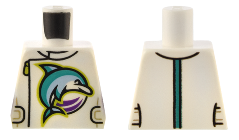 Lego Torso Jacket with Dark Turquoise and Bright Light Blue Dolphin, Side Zipper, Straps, and Stripe Pattern / White
