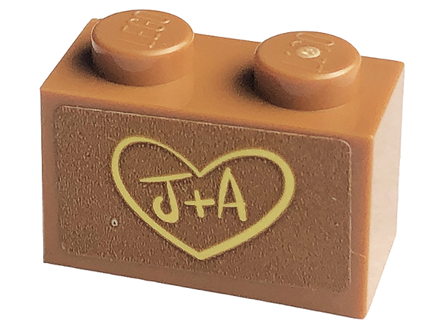 Lego Brick 1 x 2 with Bright Light Yellow 'J+A' in Heart Pattern (Sticker) - Set 41447 / Medium Nougat