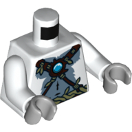Lego Torso Bare Gray Chest, Rope and Vine Belt and Necklace with Blue Round Jewel (Chi) Print, White Arms, Light Bluish Gray Hands / White