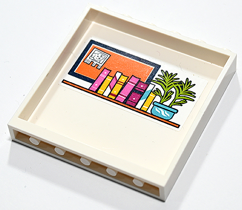 Lego Panel 1 x 6 x 5 with Orange Shelf with Books, Lime Plant in Medium Azure Pot and Orange Billboard / Pinboard Pattern (Sticker) - Set 41731 / White