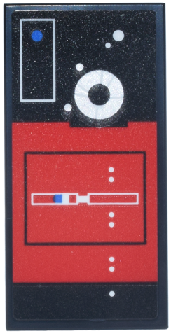 Lego Tile 2 x 4 with Red Control Panel, Blue and White Lights and Buttons, Silver Circle Pattern (Sticker) - Set 75419 / Black