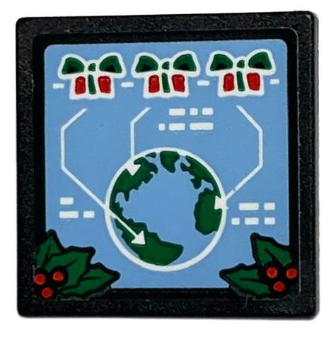 Lego Road Sign 2 x 2 Square with Open O Clip with 3 Bows, White Arrows, Globe and Holly Wreaths on Bright Light Blue Background Pattern (Sticker) - Set 40565