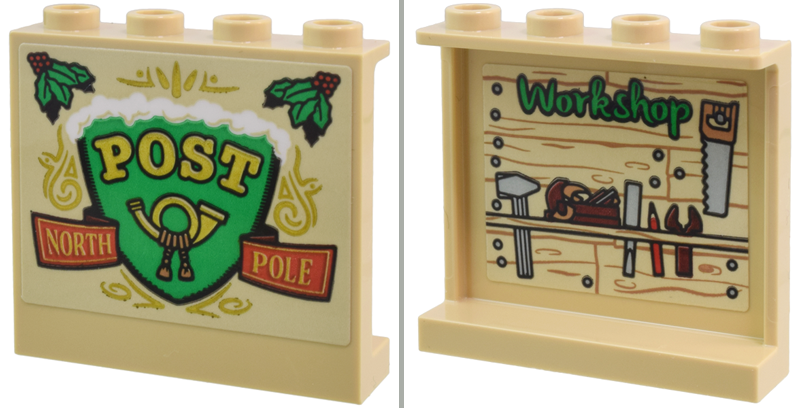 Lego Panel 1 x 4 x 3 with Side Supports - Hollow Studs with Gold Mail Horn, 'POST' and 'NORTH POLE' on Outside and Bright Green 'Workshop' and Tools on Inside Pattern Model Left Side (Stickers) - Set 40746 / Tan