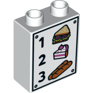 Lego Duplo Brick 1 x 2 x 2 with Bottom Tube and Cake, Sandwich, Baguettes, '1', '2', and '3' Print