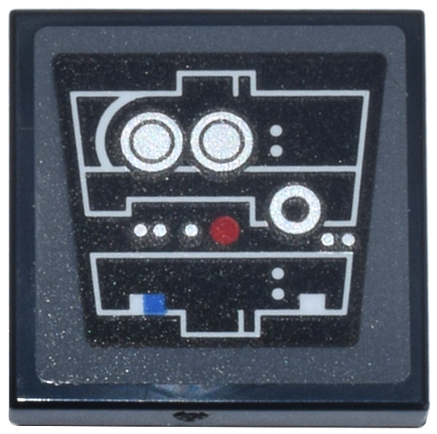 Lego Tile 2 x 2 with Control Panel, White Angled Lines, Silver Lights and Buttons, 1 Red Circle, 1 Blue Square Pattern (Sticker) - Set 75419 / Black
