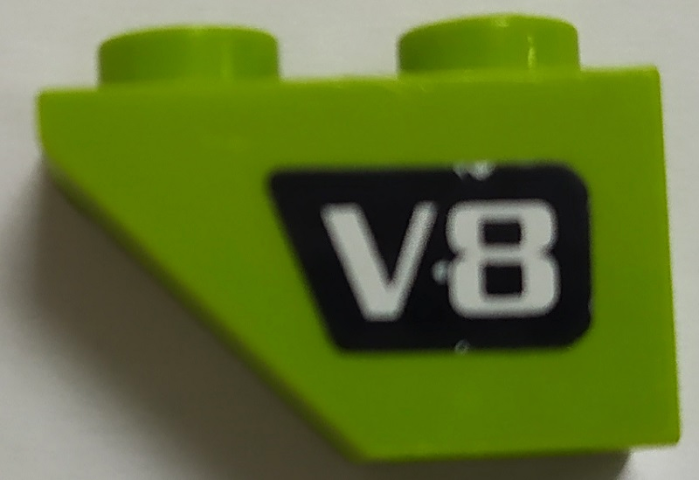 Lego Slope, Inverted 45 2 x 1 with White 'V8' on Black Background Pattern Model Left Side (Sticker) - Set 4589 / Lime
