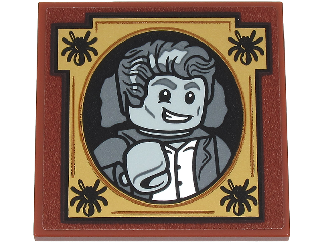 Lego Tile 4 x 4 with Dark Bluish Gray and Light Bluish Gray Portrait of Gilderoy Lockhart Minifigure in Gold Frame with Spiders Pattern (Sticker) - Set 76461 / Reddish Brown