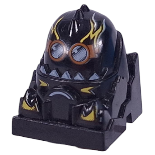 Lego Racer Driver Head, Brick Special 2 x 2 Round, Goggles, Yellow Flames, White Teeth print (Duster) / Black