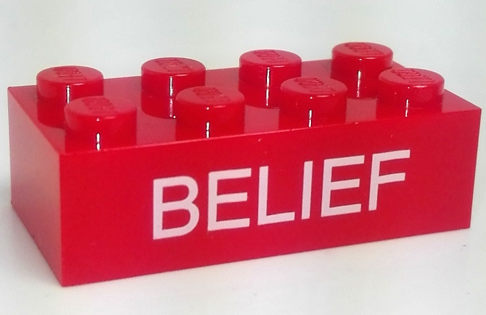 Lego Brick 2 x 4 with White 'BELIEF' Pattern / Red