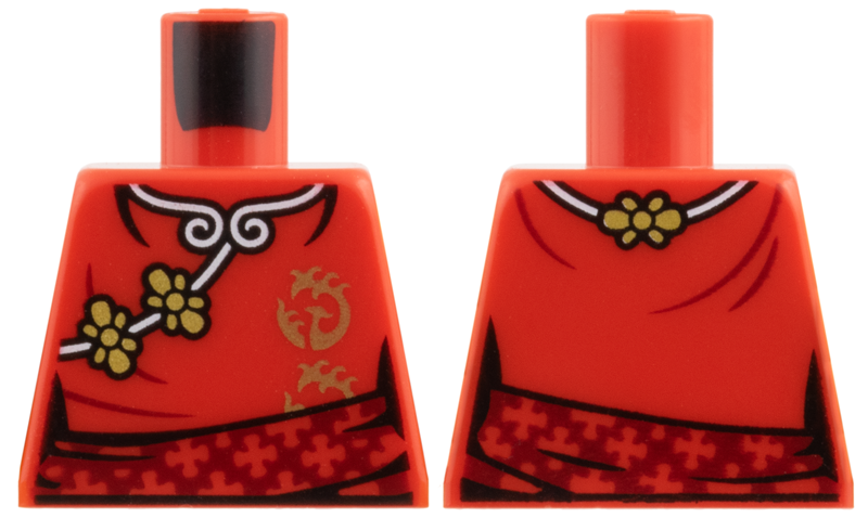 Lego Torso Female Kimono Robe with White Hems, Gold Flowers and Phoenix Symbol, Dark Red Sash Pattern / Red