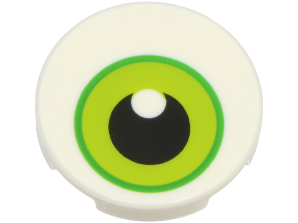 Lego Tile, Round 2 x 2 with Bottom Stud Holder with Lime and Bright Green Eye with Black Pupil and Glint Pattern / White