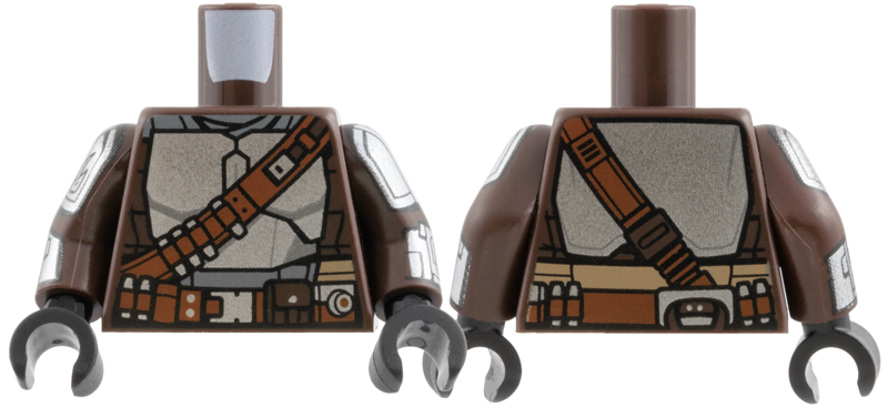Lego Torso SW Mandalorian Silver Beskar Armor Plates and Reddish Brown Belts Pattern / Dark Brown Arms with Armor and Vambraces with Rocket Launcher and Flamethrower Pattern / Black Hands
