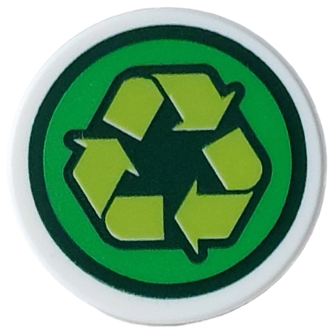 Lego Tile, Round 2 x 2 with Bottom Stud Holder with Dark Green, Green and Lime Recycle Logo Pattern