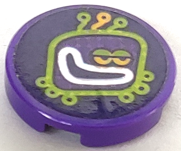 Lego Tile, Round 2 x 2 with Bottom Stud Holder with Lime Alien Head with Antennae (Techno Beat Drop Button) Pattern (Sticker) - Set 41250 / Dark Purple
