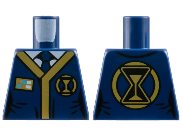 Lego Torso Tunic with Black and Gold Hem, Hourglasses and Badge with Medium Azure and White Rectangles over Shirt with Tie Pattern / Dark Blue