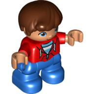 Lego Duplo Figure Child, Hair Combed Forward with Curl Reddish Brown, Red Top with White and Medium Azure Undershirt, Zipper and Cords Print, Nougat Face and Hands, Blue Legs