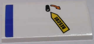 Lego Slope, Curved 2 x 4 x 2/3 with Bottom Tubes with Blue Stripe, Black 'RESCUE', Orange Arrow and Black Lever Pattern (Sticker) - Set 60166 / White